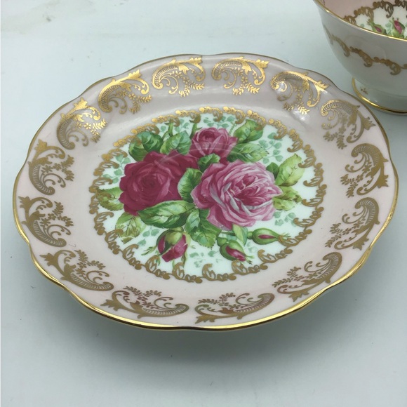 RARE EB Foley pink Cabbage Rose with Gold Filigree teacup and Saucer.  signed - Picture 5 of 6